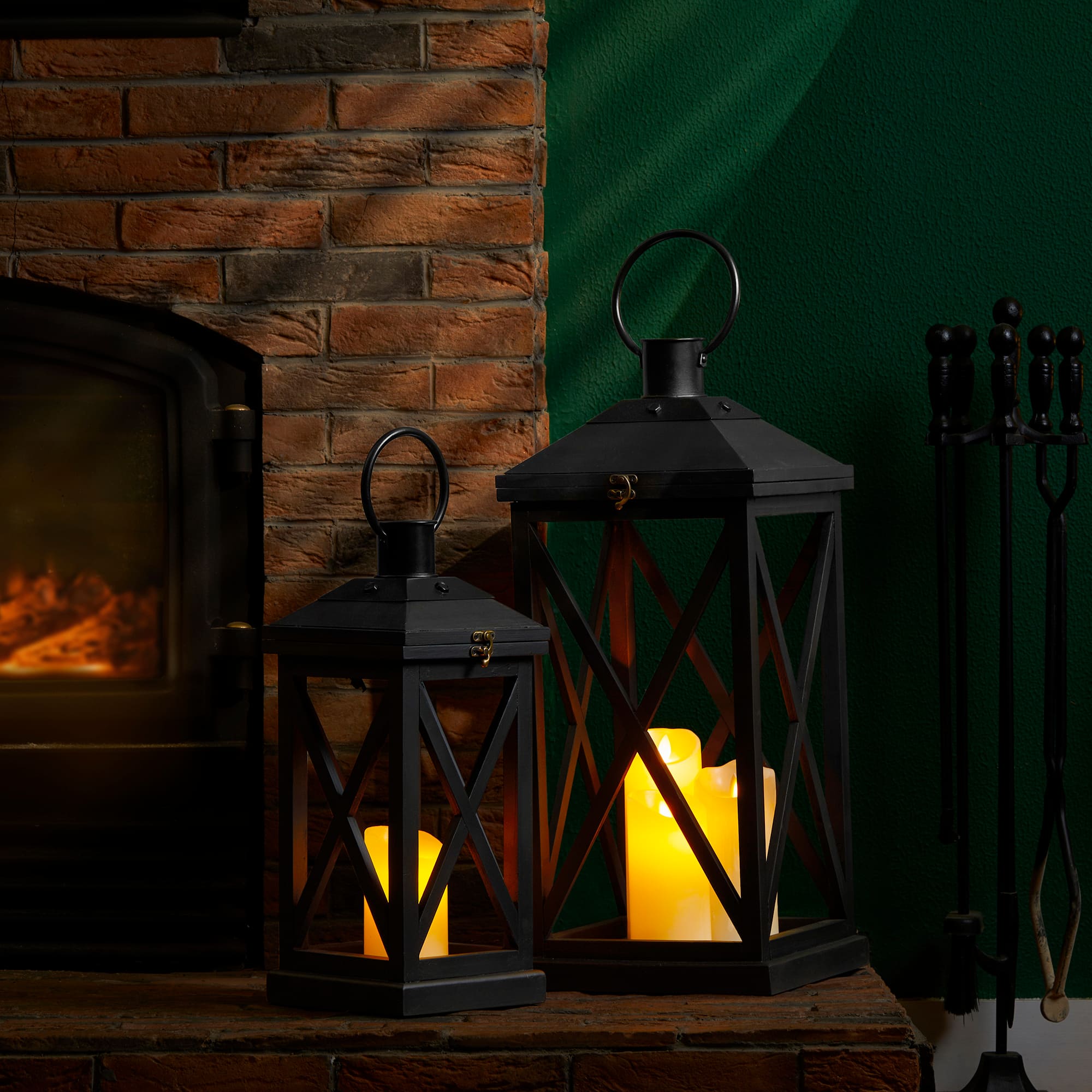 Glitzhome® Black Farmhouse Wood & Metal Lanterns Set